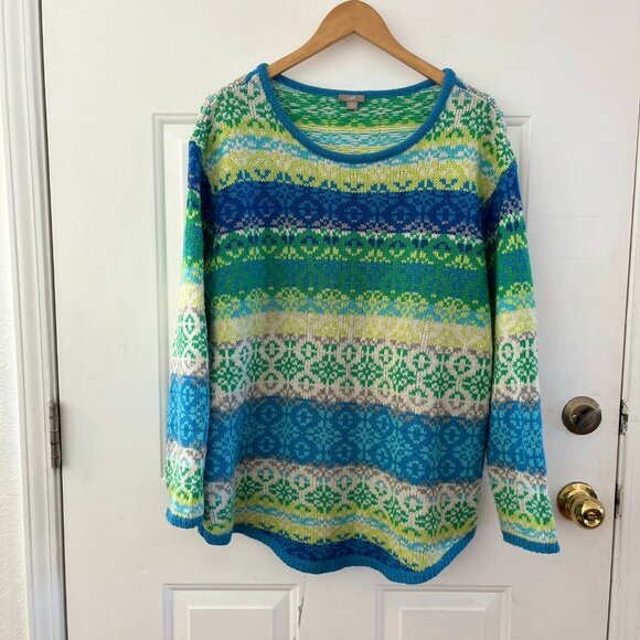 J.Jill Woman Green Wool/Angora/Acrylic Fair Isle Nordic Pull-Over Sweater Sz XL - Picture 1 of 7